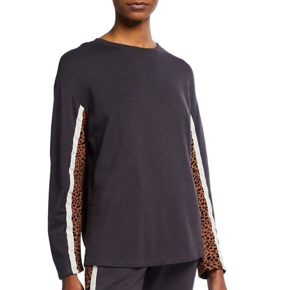 Monrow Supersoft Fleece Paneled Boyfriend Sweatshirt Leopard Black - Picture 1 of 11